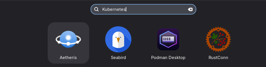 GNOME Apps search results showing Aetheris discoverable through Kubernetes-related keywords.
