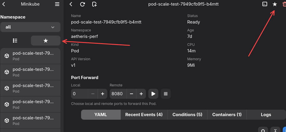 Aetheris 1.4.0 favorites sidebar and the starred action in the object detail header.