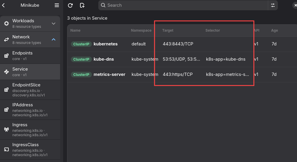 Aetheris 1.4.1 Service ports and selectors, and Ingress routing rules, in the object detail pane.