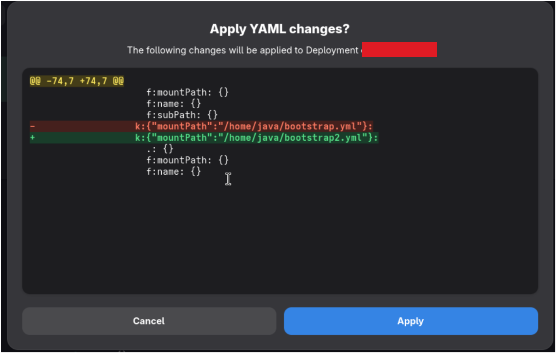 Aetheris 1.5.0 confirmation dialog showing added and removed YAML lines before applying changes to a Deployment.